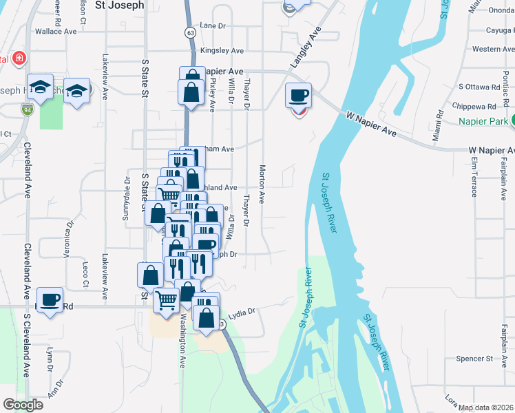map of restaurants, bars, coffee shops, grocery stores, and more near 2816 Morton Avenue in St. Joseph