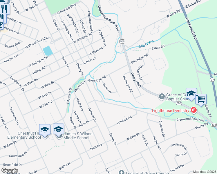map of restaurants, bars, coffee shops, grocery stores, and more near 5363 Norris Dr in Erie