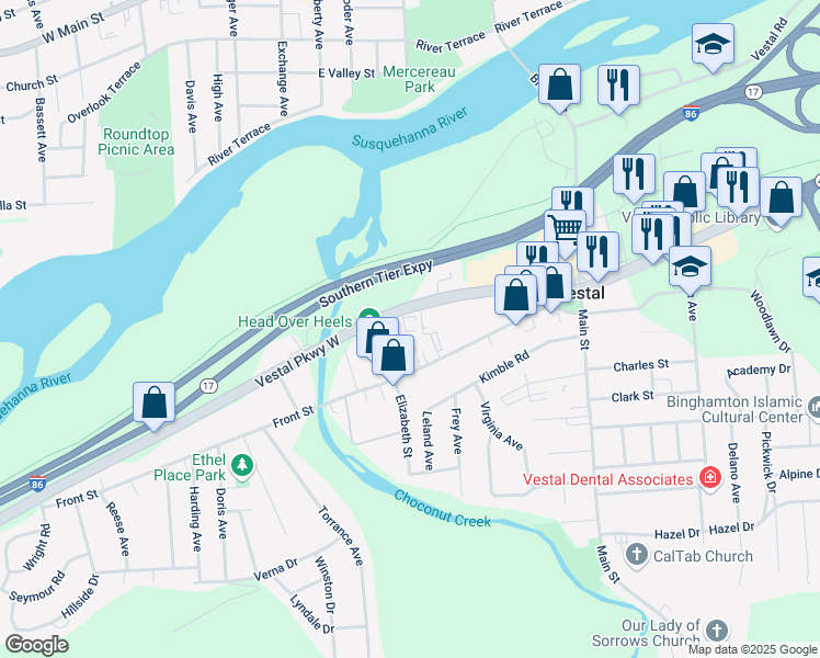 map of restaurants, bars, coffee shops, grocery stores, and more near 317 Vestal Road in Vestal