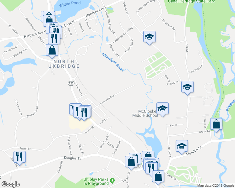 map of restaurants, bars, coffee shops, grocery stores, and more near 69 Homeward Avenue in Uxbridge