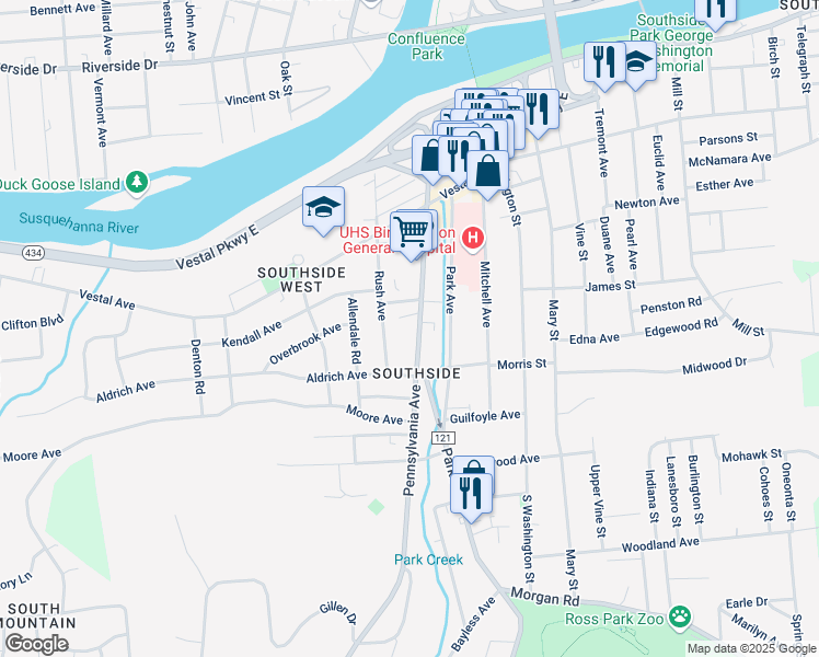 map of restaurants, bars, coffee shops, grocery stores, and more near 82 Pennsylvania Avenue in Binghamton