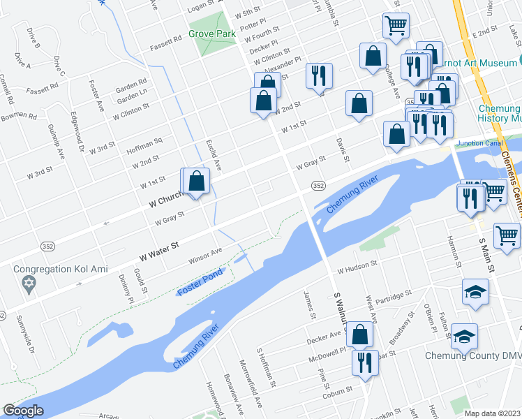 map of restaurants, bars, coffee shops, grocery stores, and more near West Water Street & Grove Street in Elmira