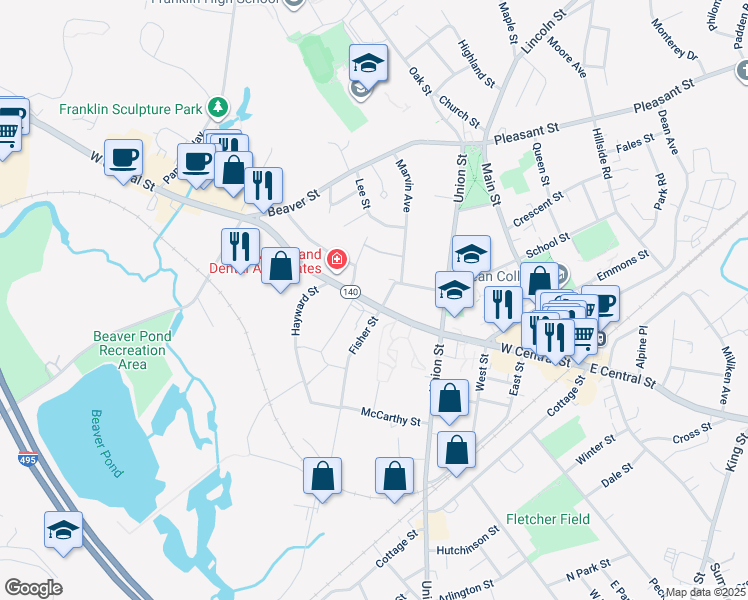 map of restaurants, bars, coffee shops, grocery stores, and more near 195 West Central Street in Franklin
