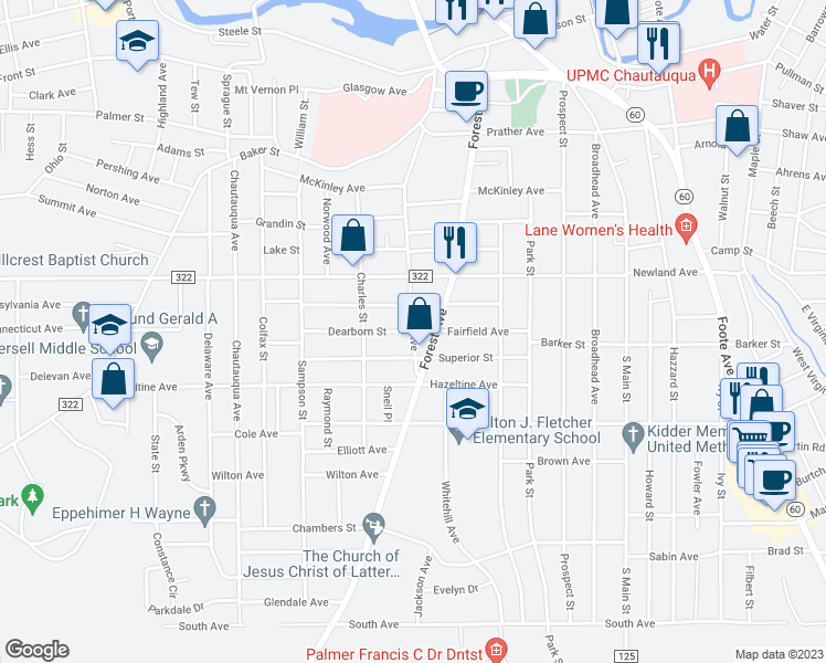 map of restaurants, bars, coffee shops, grocery stores, and more near Barrett Ave & Dearborn St in Jamestown