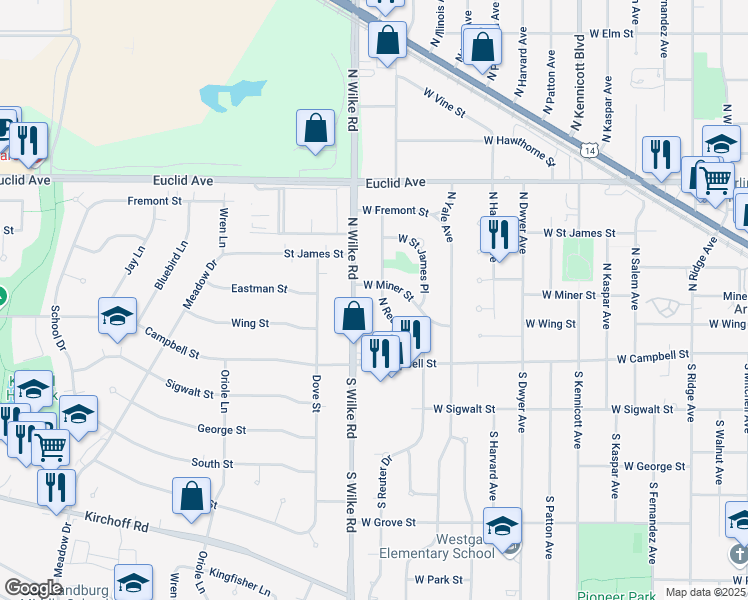 map of restaurants, bars, coffee shops, grocery stores, and more near 116 North Reuter Drive in Arlington Heights