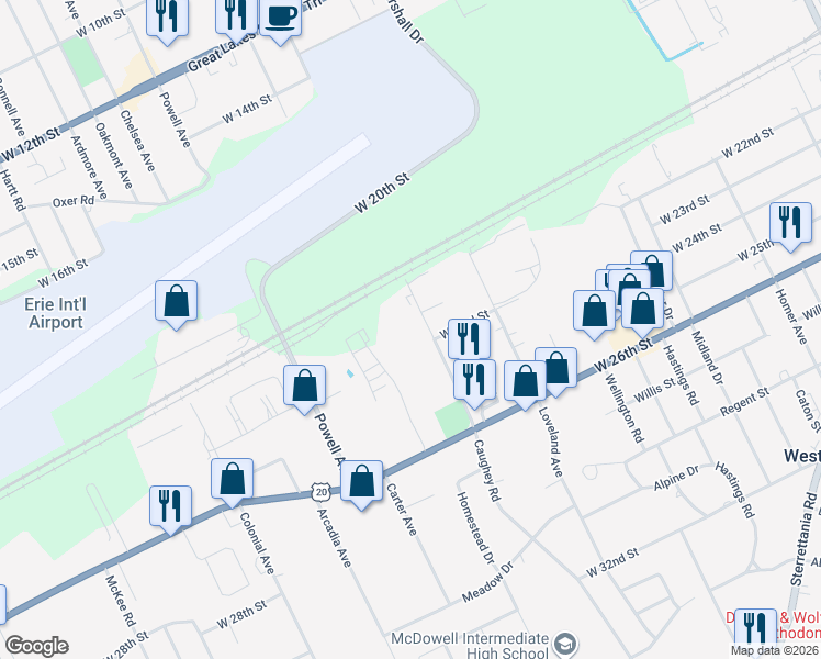 map of restaurants, bars, coffee shops, grocery stores, and more near 2300-2462 Caughey Road in Erie