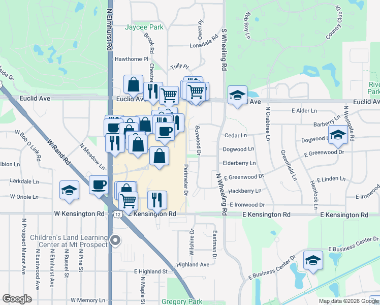 map of restaurants, bars, coffee shops, grocery stores, and more near 1058B North Boxwood Drive in Mount Prospect