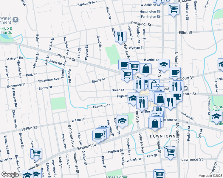 map of restaurants, bars, coffee shops, grocery stores, and more near 71 Highland Street in Brockton