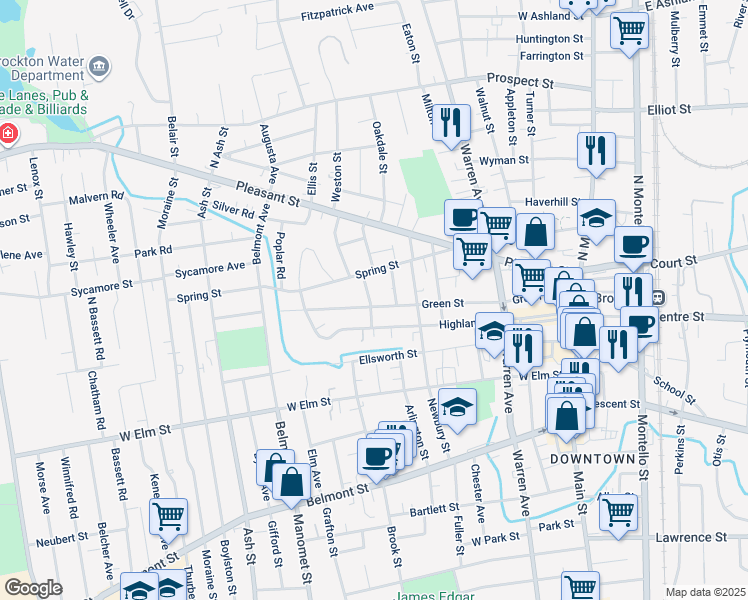 map of restaurants, bars, coffee shops, grocery stores, and more near 103 Highland Street in Brockton
