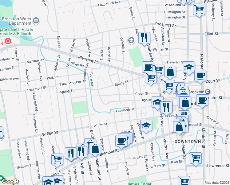 map of restaurants, bars, coffee shops, grocery stores, and more near 274 Green Street in Brockton