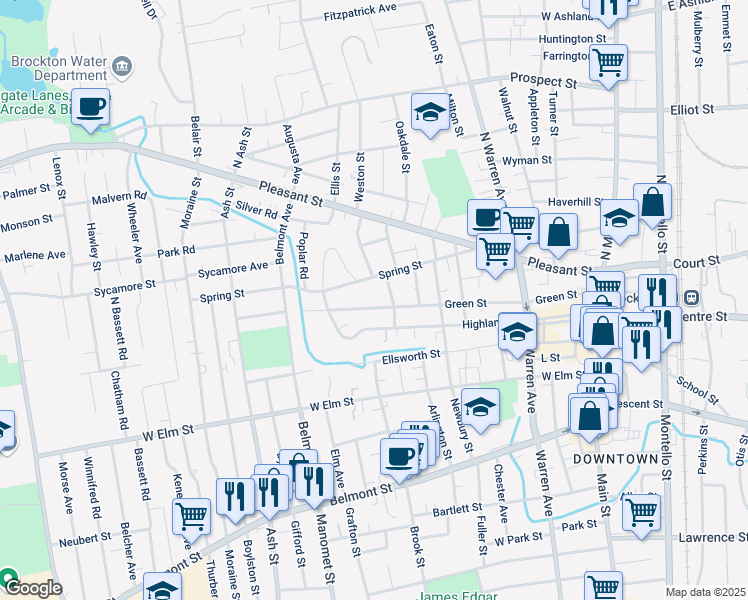map of restaurants, bars, coffee shops, grocery stores, and more near 274 Green Street in Brockton