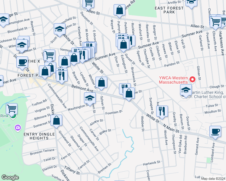 map of restaurants, bars, coffee shops, grocery stores, and more near 880 Belmont Avenue in Springfield