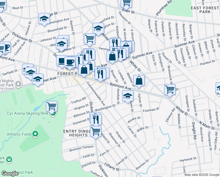 map of restaurants, bars, coffee shops, grocery stores, and more near 34 Meredith Street in Springfield
