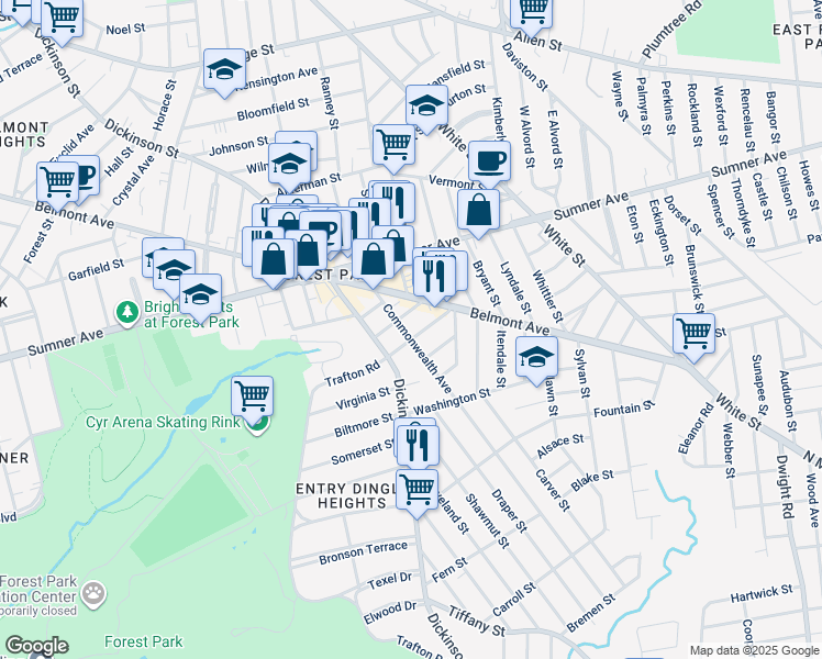 map of restaurants, bars, coffee shops, grocery stores, and more near 523 Dickinson Street in Springfield