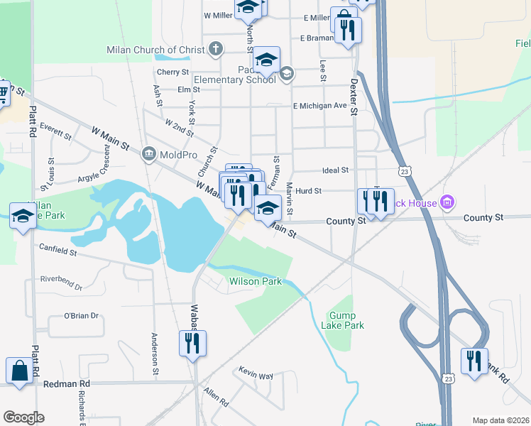 map of restaurants, bars, coffee shops, grocery stores, and more near 122 East Main Street in Milan