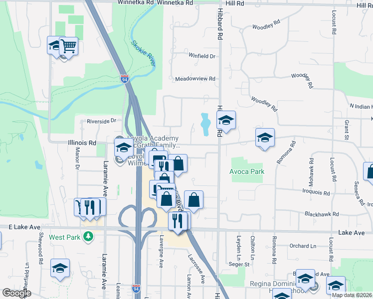 map of restaurants, bars, coffee shops, grocery stores, and more near 3219 Sprucewood Lane in Wilmette