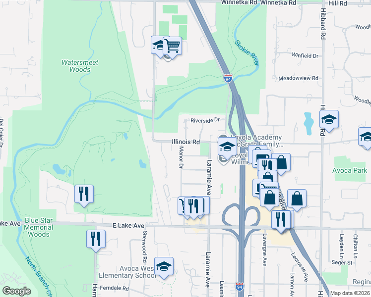 map of restaurants, bars, coffee shops, grocery stores, and more near 1120 Manor Drive in Wilmette