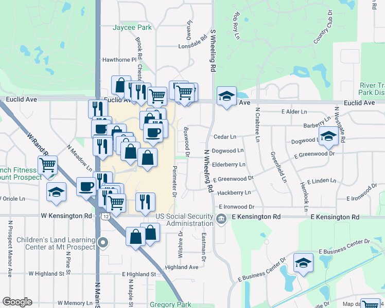 map of restaurants, bars, coffee shops, grocery stores, and more near 504 Dogwood Lane in Mount Prospect