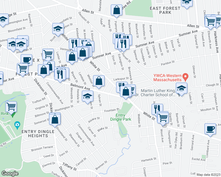map of restaurants, bars, coffee shops, grocery stores, and more near 18 Prescott Street in Springfield