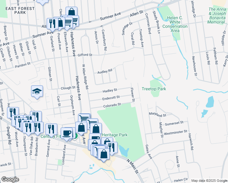 map of restaurants, bars, coffee shops, grocery stores, and more near 97 Hadley Street in Springfield