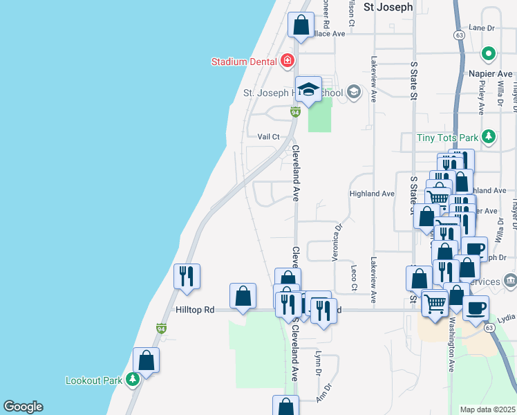 map of restaurants, bars, coffee shops, grocery stores, and more near 220 Ward Avenue in St. Joseph