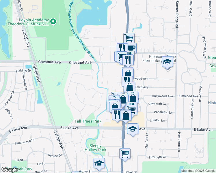 map of restaurants, bars, coffee shops, grocery stores, and more near 1444 Pebblecreek Drive in Glenview
