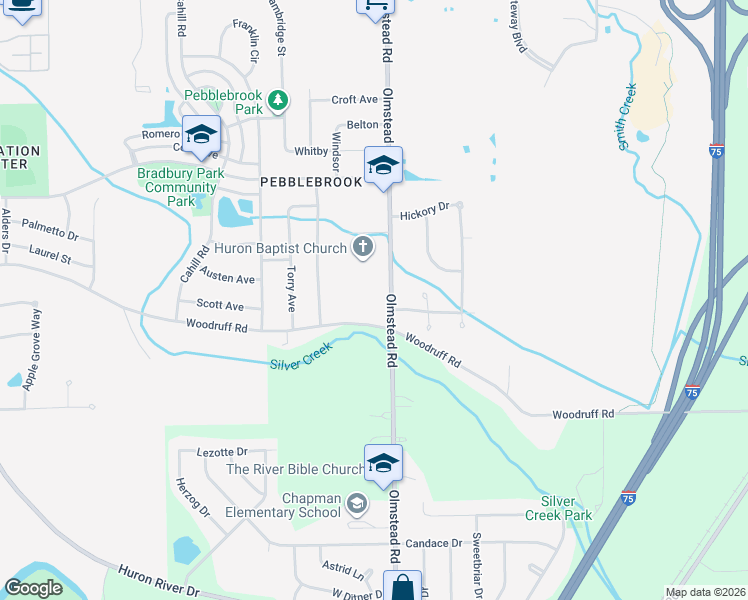 map of restaurants, bars, coffee shops, grocery stores, and more near 23026 Woodruff Road in Flat Rock
