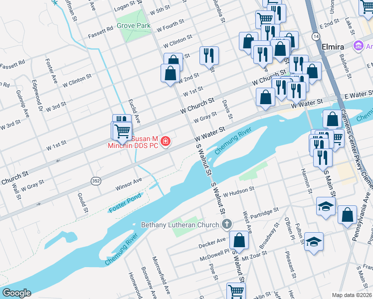map of restaurants, bars, coffee shops, grocery stores, and more near Riverfront Levee Trail in Elmira