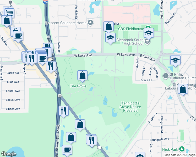 map of restaurants, bars, coffee shops, grocery stores, and more near 1930 Prairie Street in Glenview