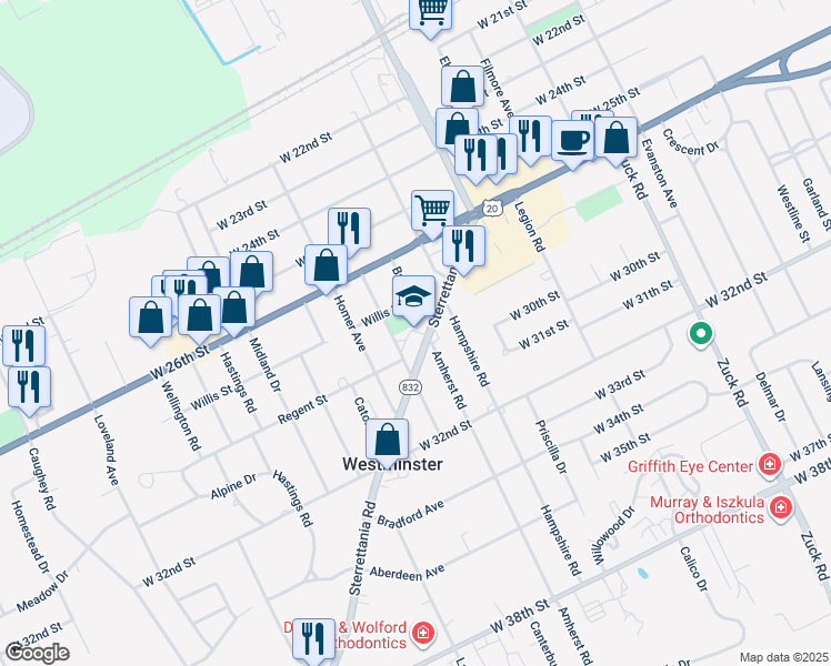 map of restaurants, bars, coffee shops, grocery stores, and more near 2910 Sterrettania Road in Erie