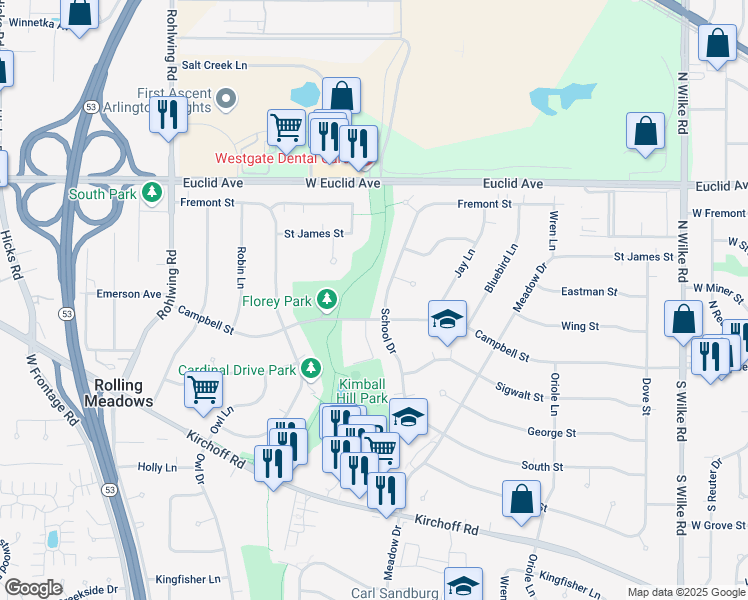 map of restaurants, bars, coffee shops, grocery stores, and more near 3325 Campbell Street in Rolling Meadows