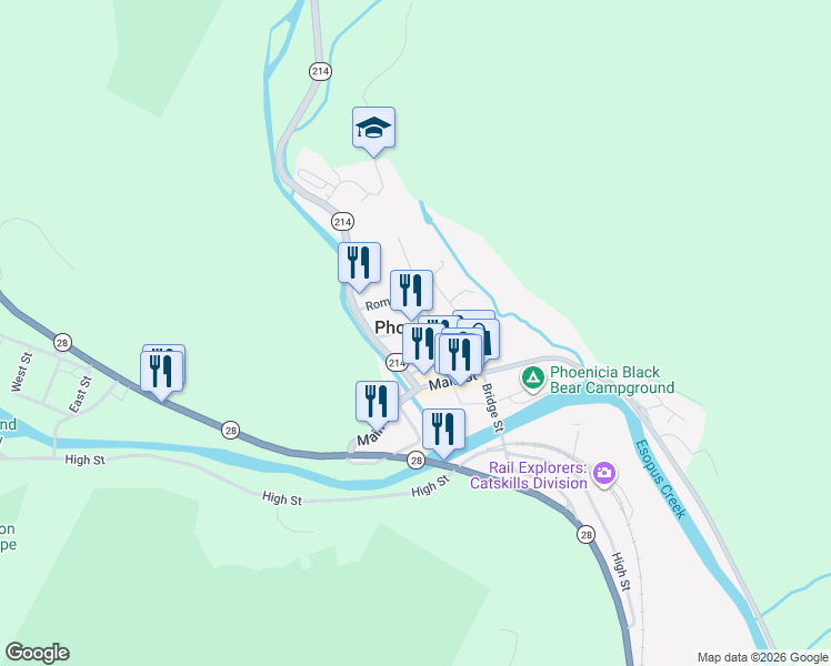 map of restaurants, bars, coffee shops, grocery stores, and more near 42-48 Highway 214 in Phoenicia