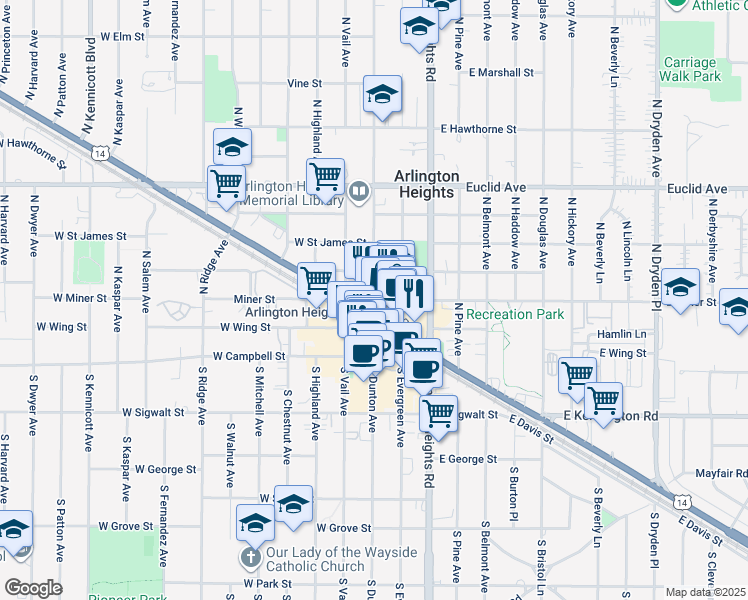 map of restaurants, bars, coffee shops, grocery stores, and more near 1 West Miner Street in Arlington Heights