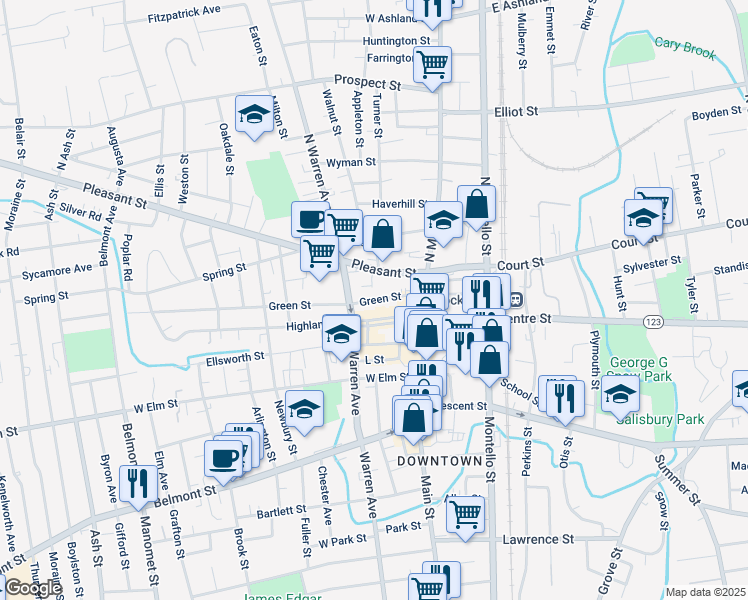 map of restaurants, bars, coffee shops, grocery stores, and more near 81 Green Street in Brockton