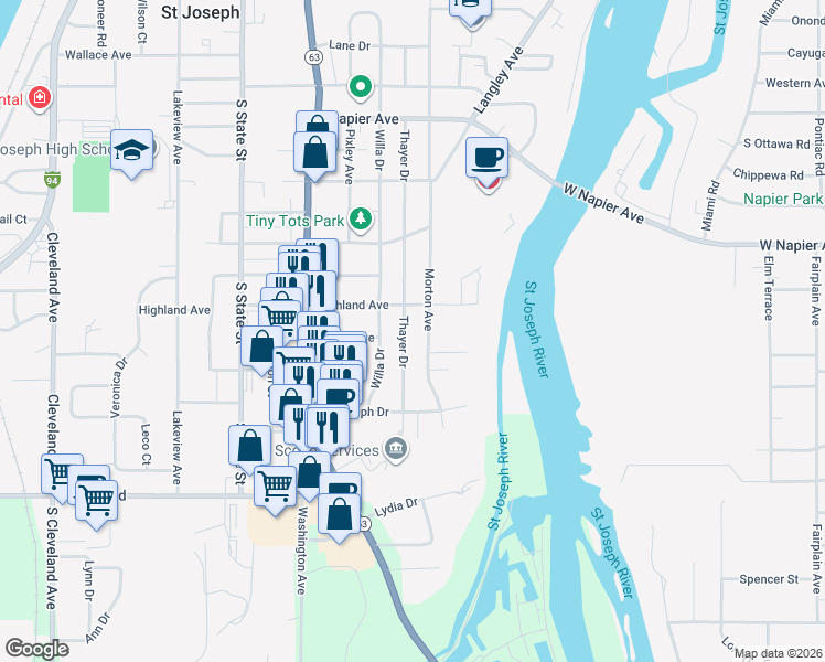 map of restaurants, bars, coffee shops, grocery stores, and more near 2816 Morton Avenue in St. Joseph