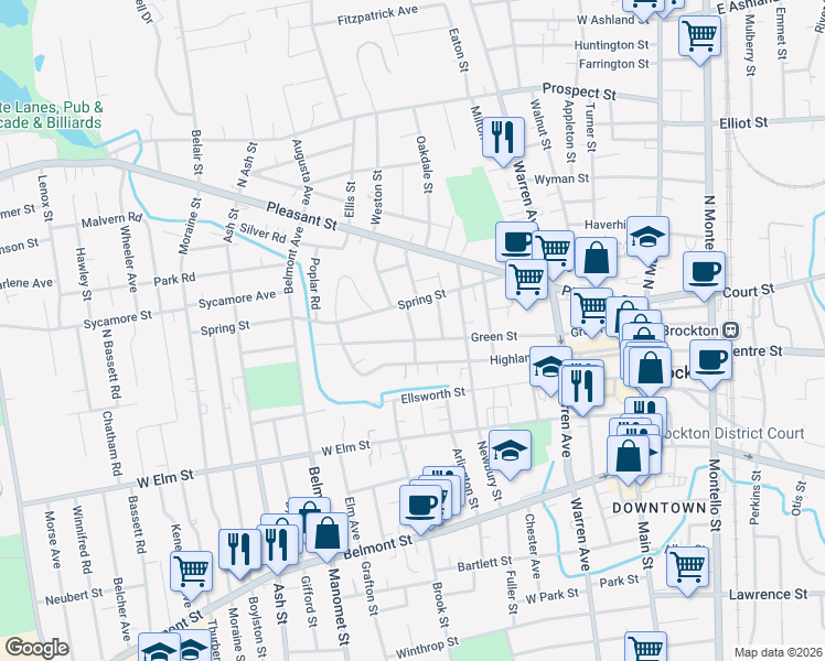 map of restaurants, bars, coffee shops, grocery stores, and more near 15 Lexington Street in Brockton