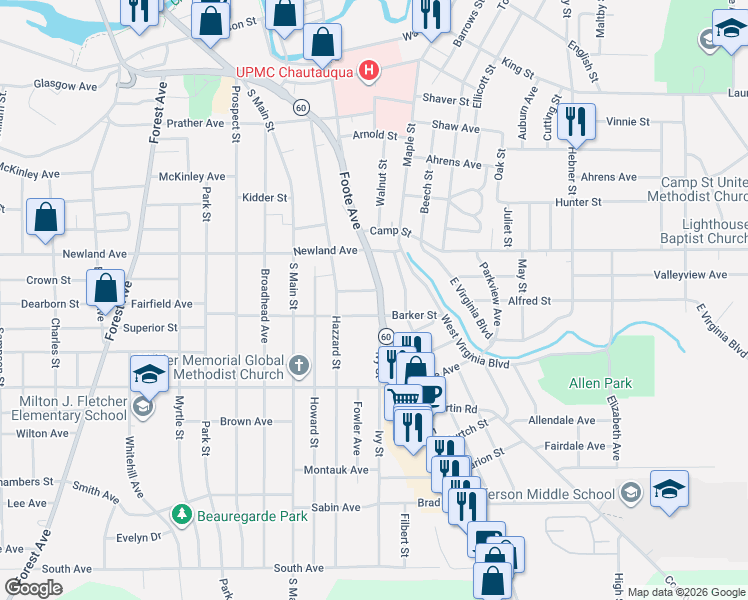 map of restaurants, bars, coffee shops, grocery stores, and more near 71 Barker Street in Jamestown