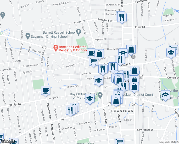 map of restaurants, bars, coffee shops, grocery stores, and more near 173 Green Street in Brockton