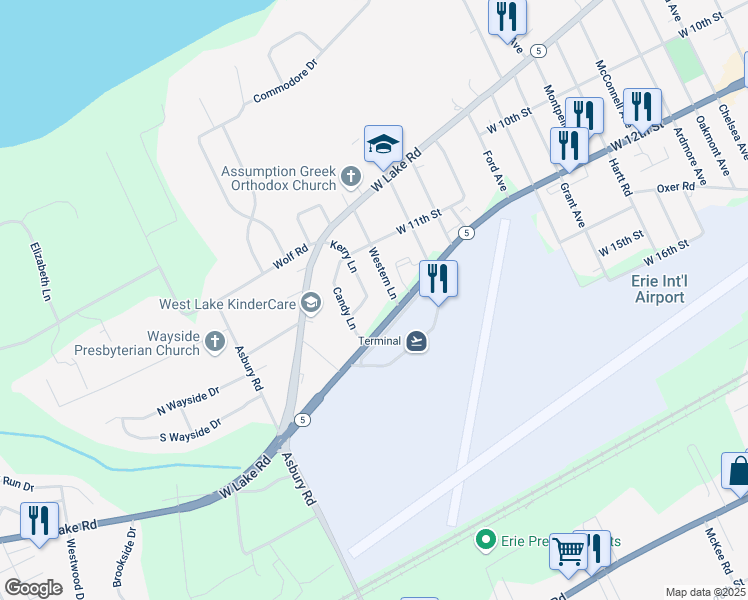 map of restaurants, bars, coffee shops, grocery stores, and more near 1153 Kerry Lane in Erie