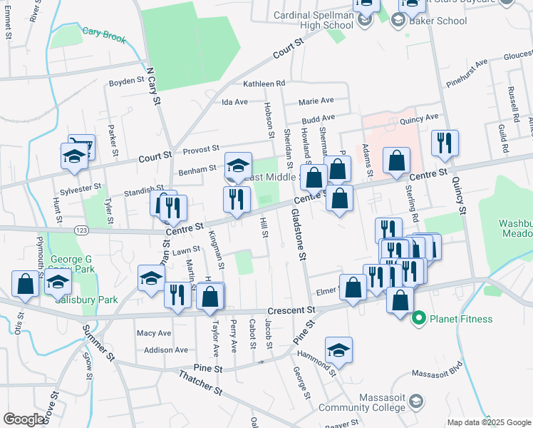 map of restaurants, bars, coffee shops, grocery stores, and more near 19 Hill Street in Brockton