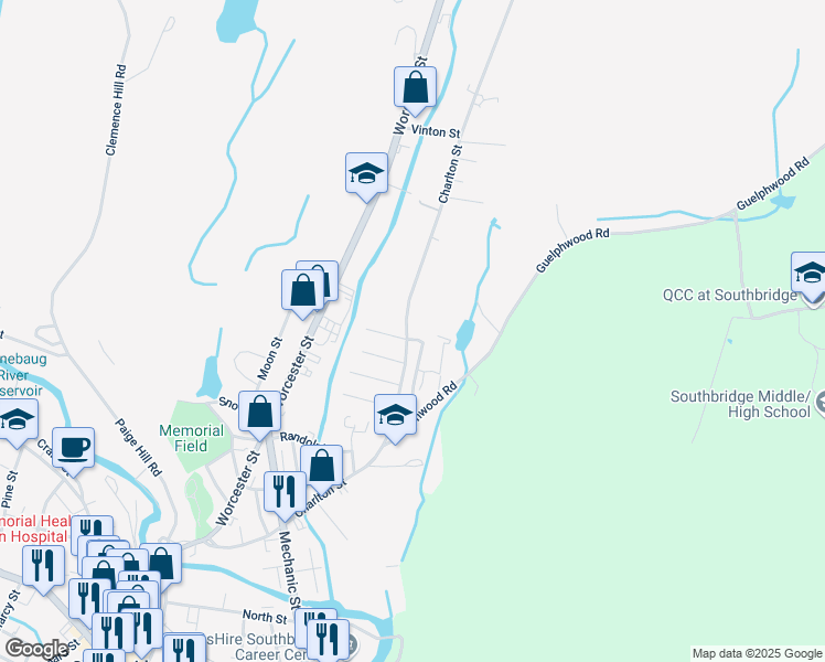 map of restaurants, bars, coffee shops, grocery stores, and more near 11 Columbia Street in Southbridge