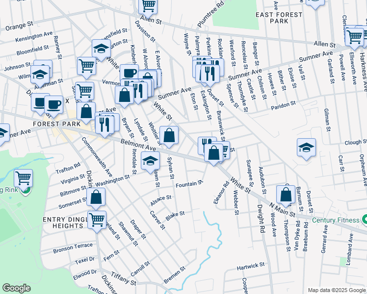 map of restaurants, bars, coffee shops, grocery stores, and more near 880 Belmont Avenue in Springfield