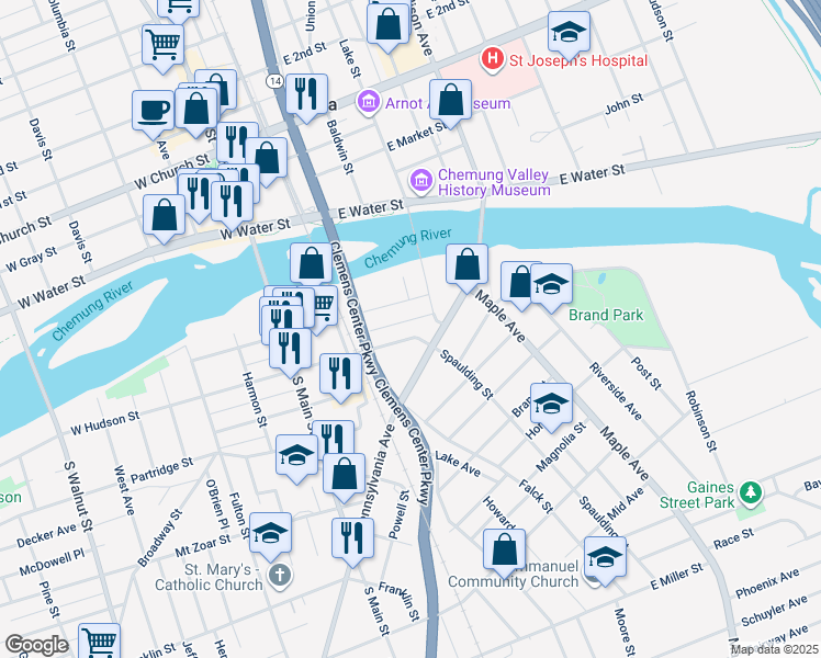 map of restaurants, bars, coffee shops, grocery stores, and more near 114 East Hudson Street in Elmira