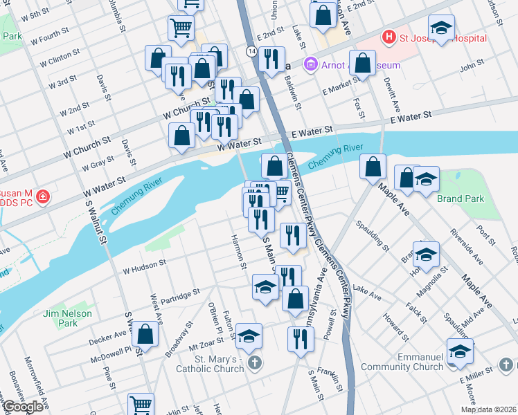 map of restaurants, bars, coffee shops, grocery stores, and more near 112 South Main Street in Elmira