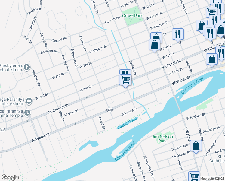 map of restaurants, bars, coffee shops, grocery stores, and more near 717 West Gray Street in Elmira