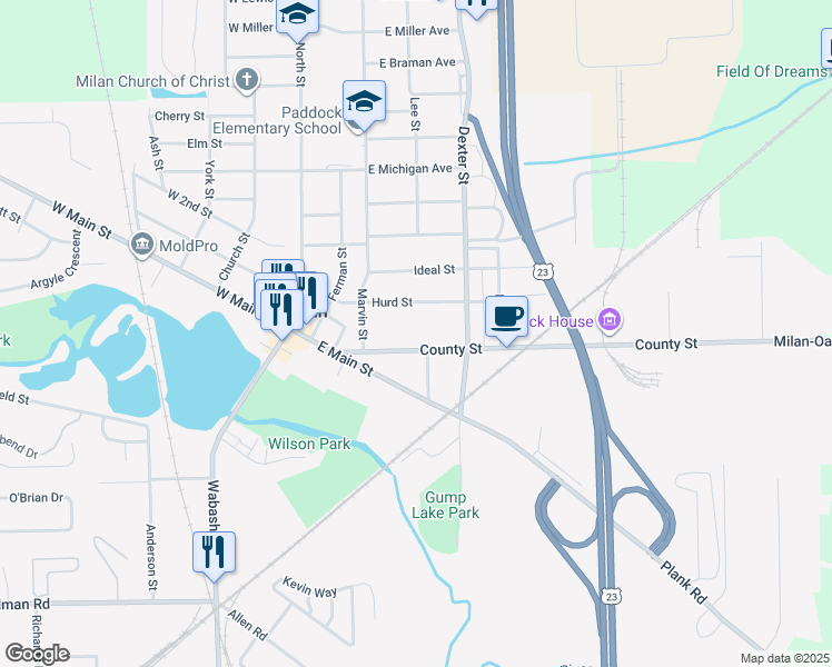 map of restaurants, bars, coffee shops, grocery stores, and more near 14293 South Sanford Road in Milan