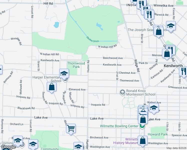 map of restaurants, bars, coffee shops, grocery stores, and more near 2245 Thornwood Avenue in Wilmette