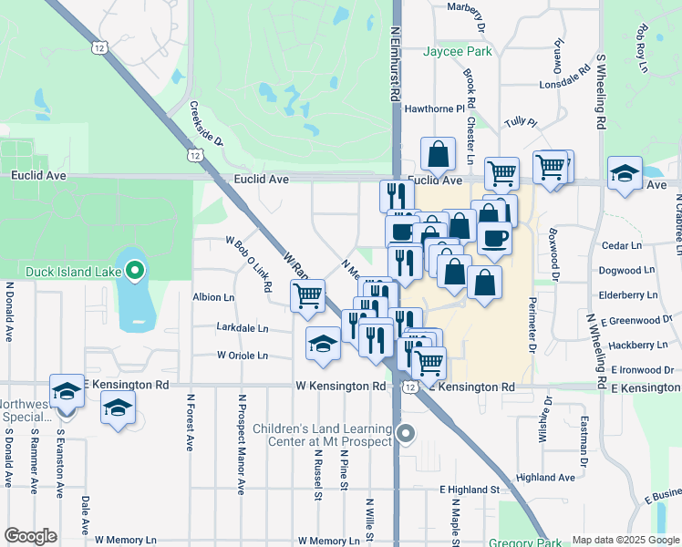 map of restaurants, bars, coffee shops, grocery stores, and more near 1010 North Meadow Lane in Mount Prospect