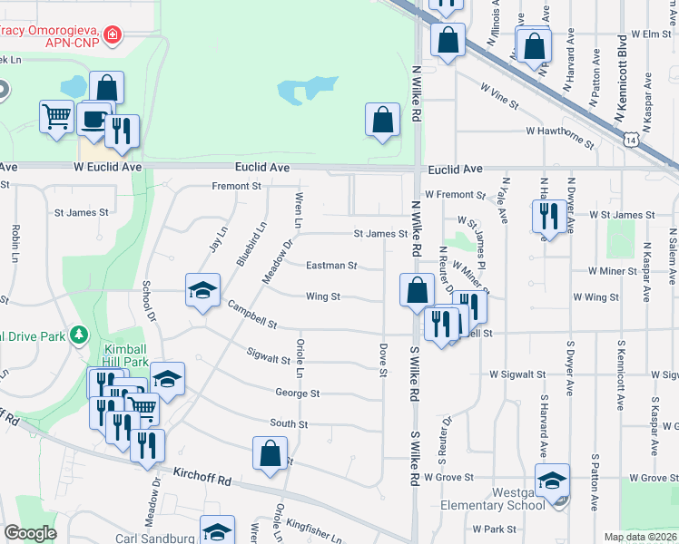 map of restaurants, bars, coffee shops, grocery stores, and more near 2207 Eastman Street in Rolling Meadows
