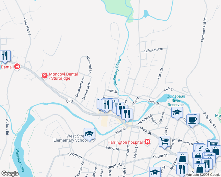 map of restaurants, bars, coffee shops, grocery stores, and more near 72 Proulx Avenue in Southbridge